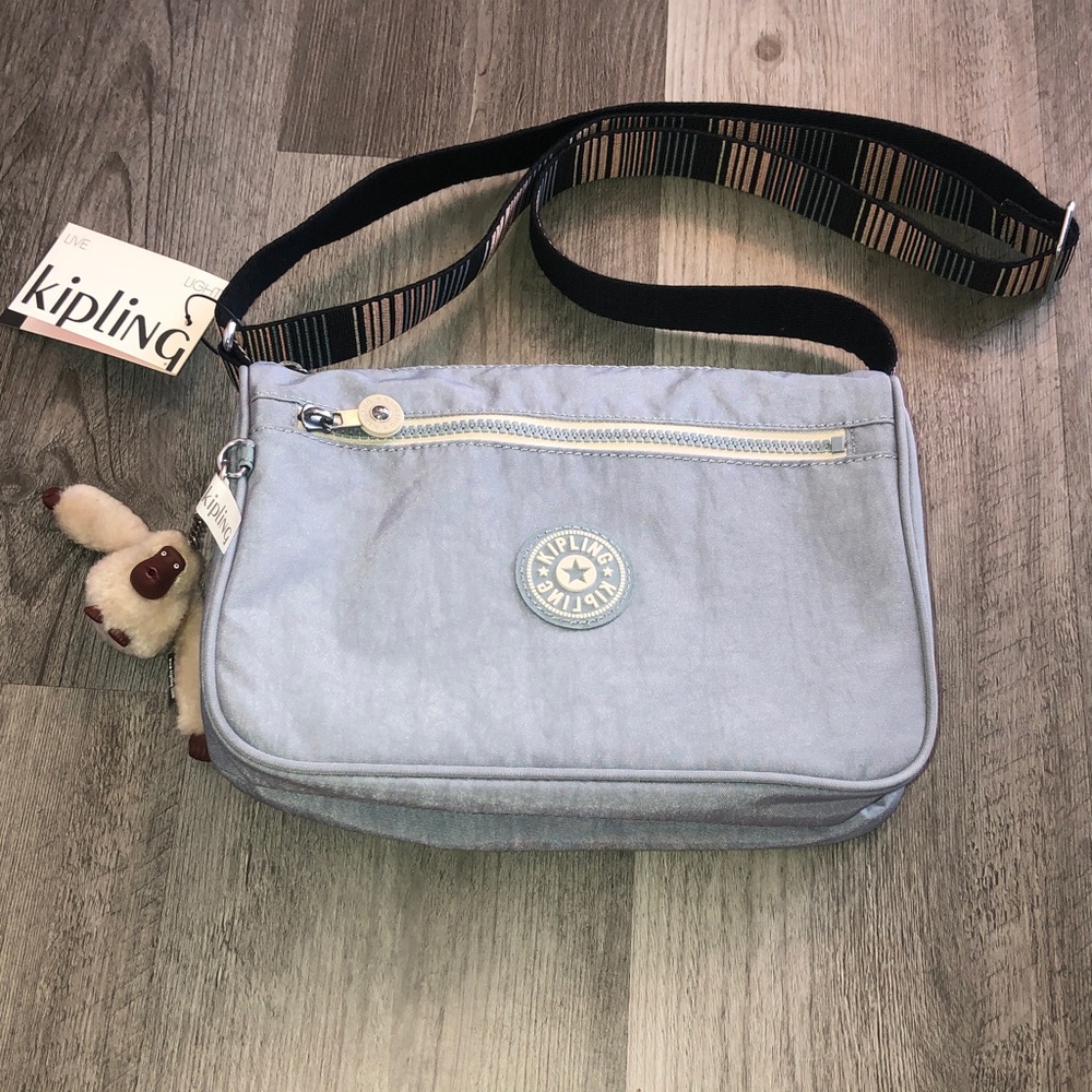Kipling Callie Relaxed Grey Multi Stripe Crossbody Bag + Monkey Key Chain NWT